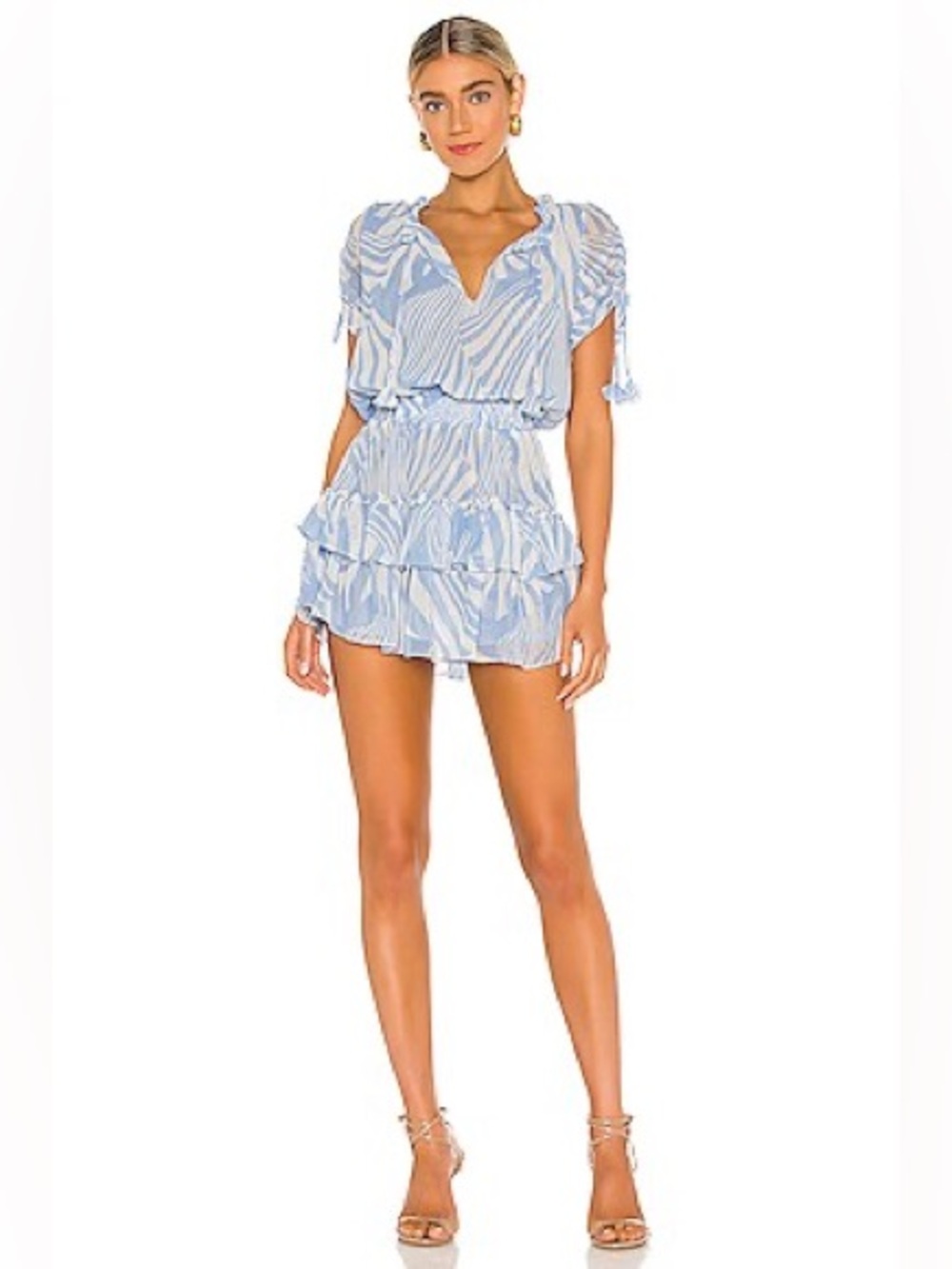 MISA Los Angeles Becca Dress Blue White Ruffle Mini Dress Small